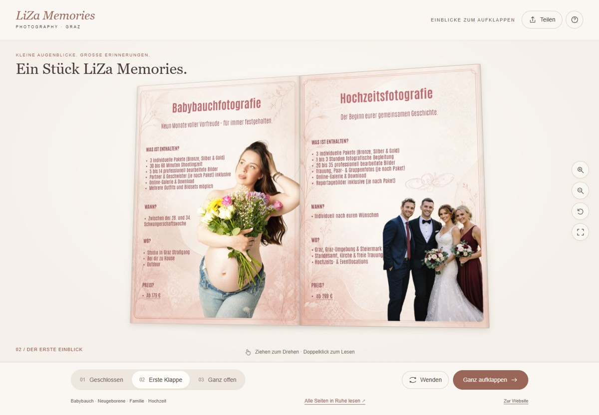 Vorschau des aufgeklappten LiZa Memories Flyers mit Babybauch- und Hochzeitsfotografie